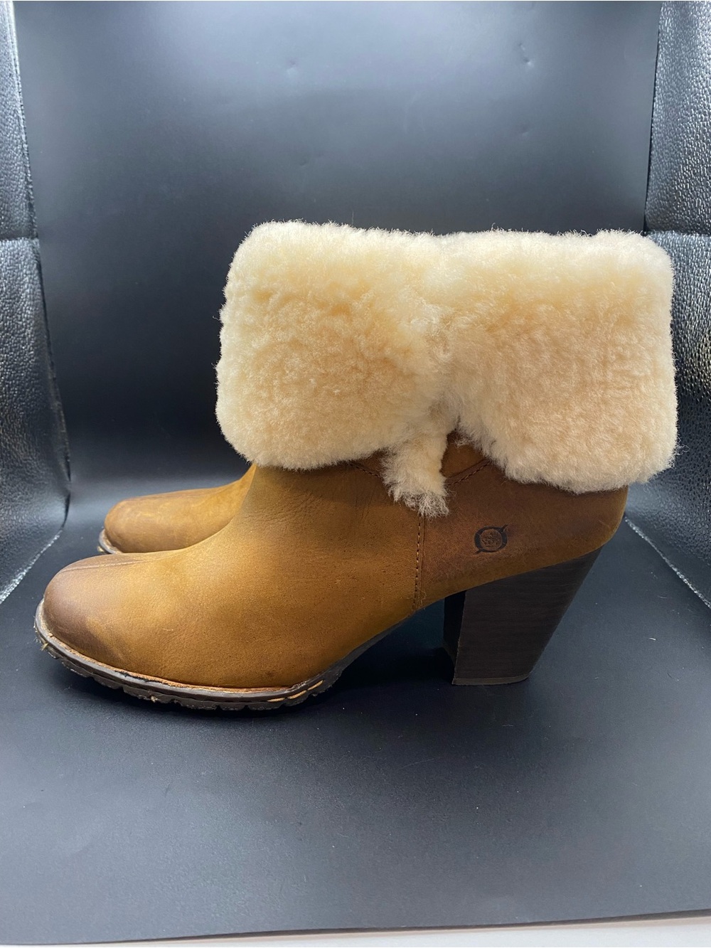 Born Boots Donna Booties Womens 10 Cognac Brown Leather Sherpa Lined Block Heel